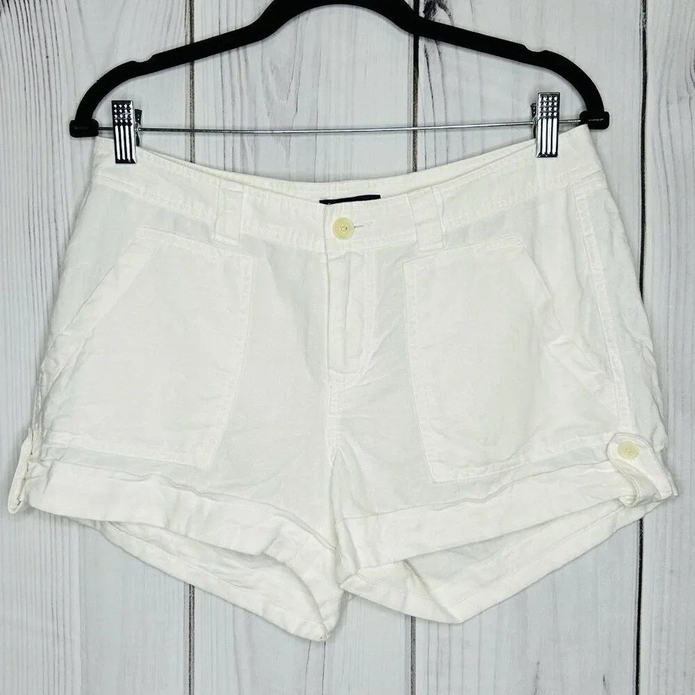 Gap Linen Blend Cuffed Shorts Sz 6 (32x3) White Button Front Casual